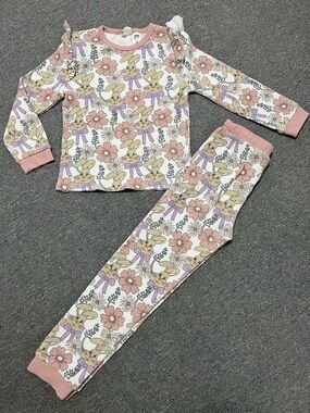 Cotton On Girls Waffle Knit Bunny & Floral Long Sleeve Pajama Set